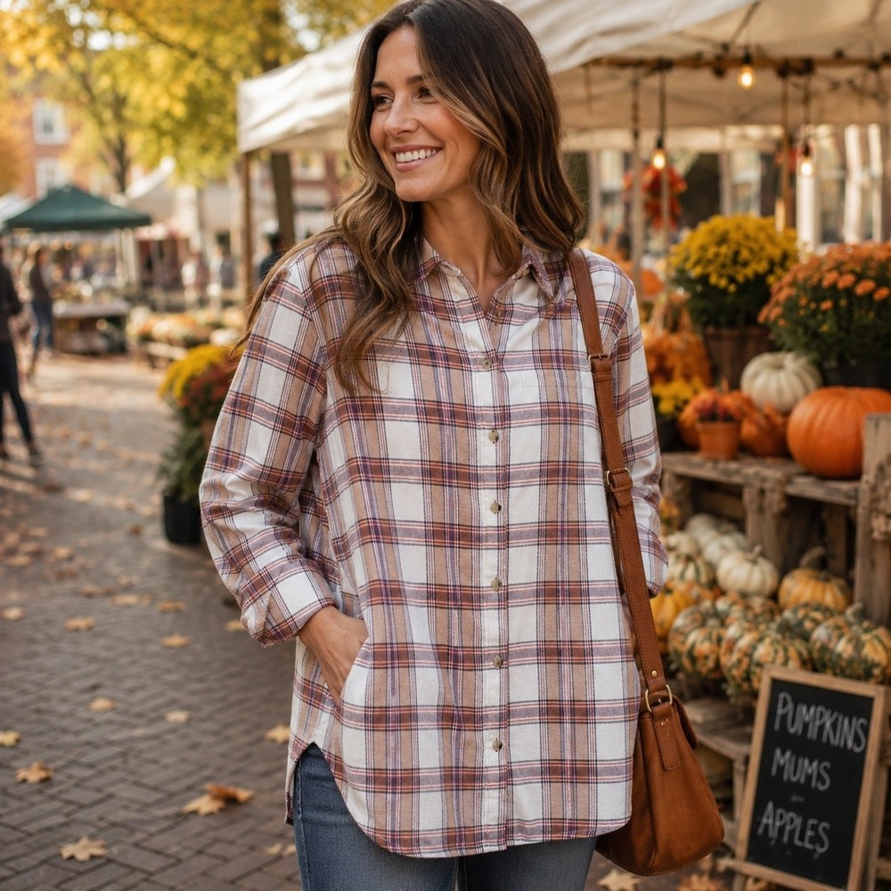 Jachs Girlfriend Plaid Flannel Tunic Shirt Women's Medium Purple Tan Pockets